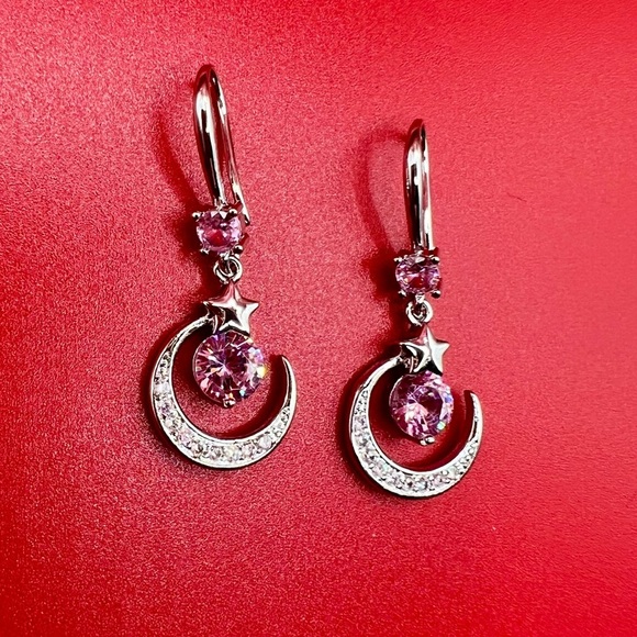 NIB Elegant S925 Sterling Silver Zircon and Pink Crescent Moon Earrings - Picture 6 of 8